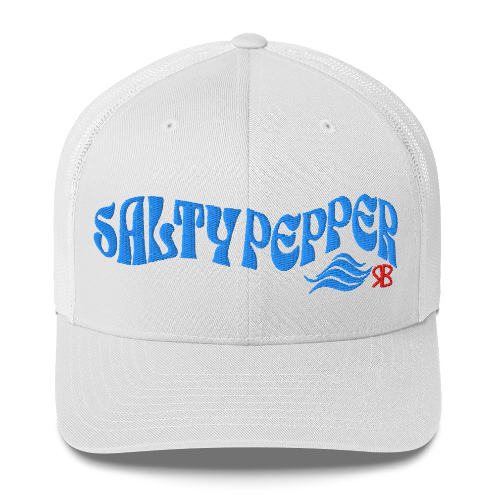 white trucker cap with 'Salty Pepper in blue Solino display font. Branded RB in red