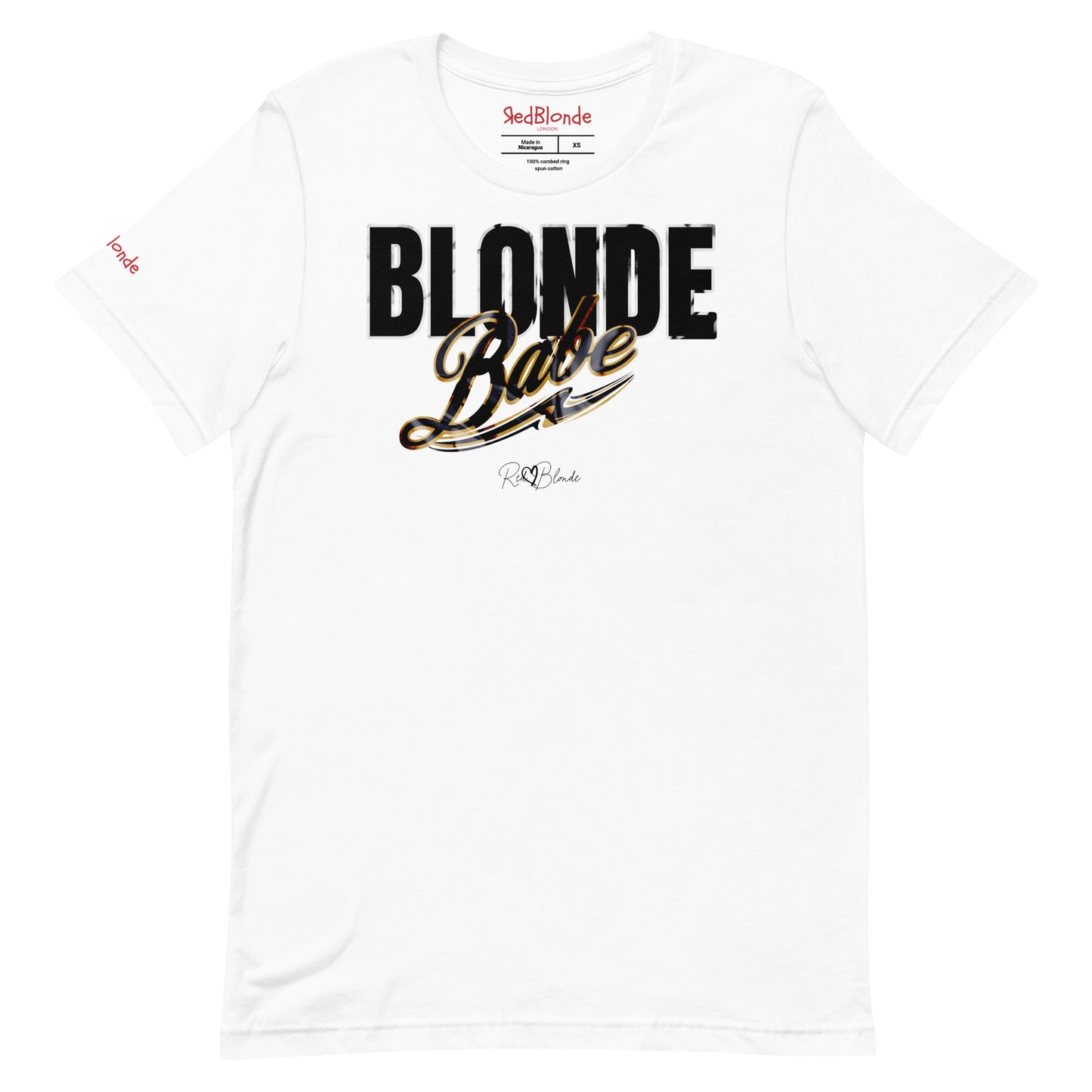 White unisex T-shirt with bold black and gold vintage lettering that reads ‘Blonde Babe’ across the chest, in Anton text for 'babe' and Milkstore 01 script for ‘Babe’ with a swoosh underline and the RedBlonde signature logo beneath. Branded Redblonde on inside neck and right sleeve