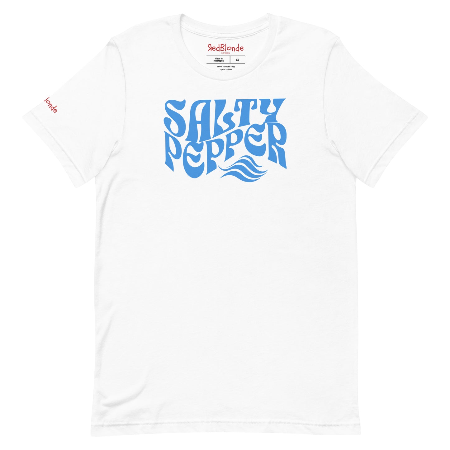 flatlay of white unisex graphic t-shirt with the slogan 'Salty Pepper' in Solino Display white retro 70s wavy font. Branded RedBlonde in red on inside neck and right sleeve