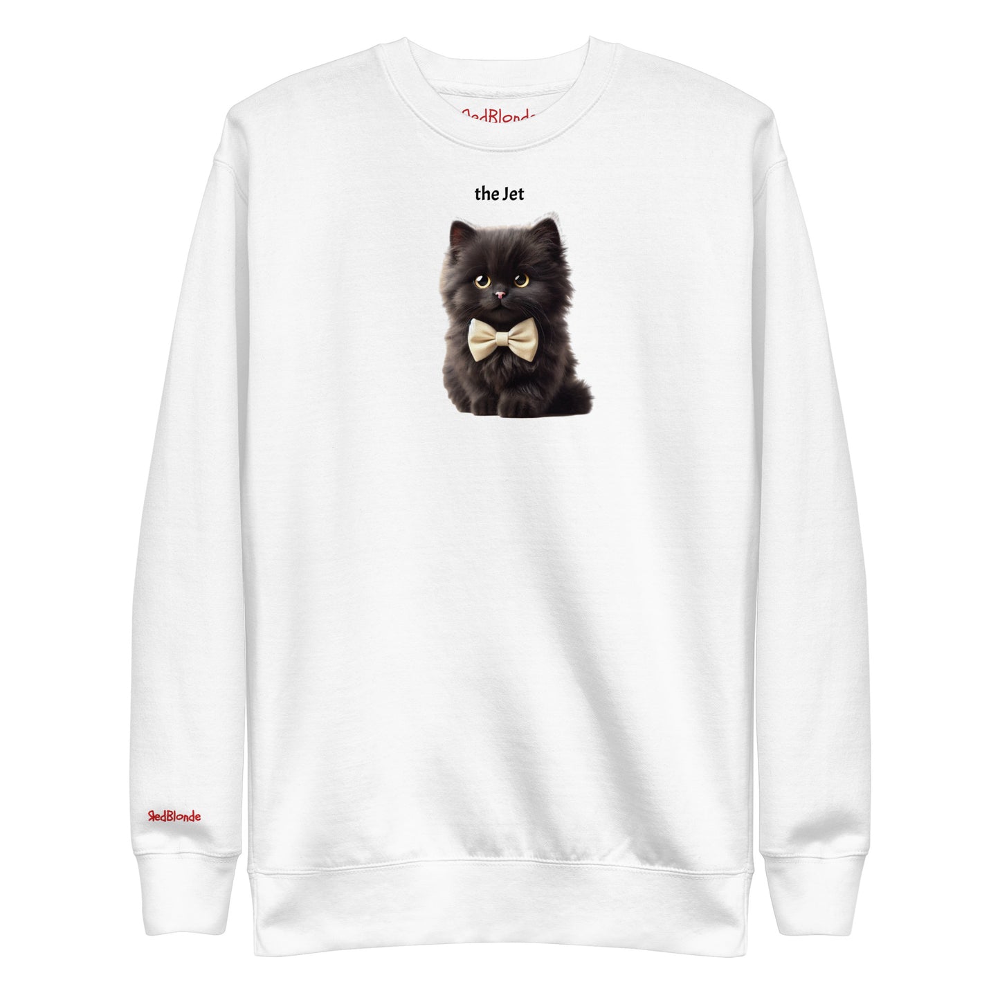 Flatlay of white relaxed fit unisex hoodie with a cute graphic of a Jet black kitten wearing a bow-tie and the words 'the Jet' linking to Black hair. Branded RedBlonde in red on inside neck and right cuff