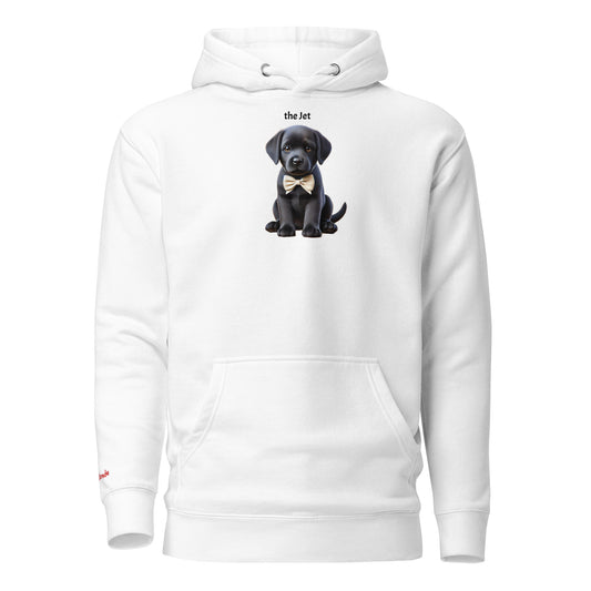 Flatlay of white relaxed fit unisex hoodie with a cute graphic of a Jet black puppy wearing a bow-tie and the words 'the Jet' linking to Black hair. Branded RedBlonde in red on inside neck and right cuff