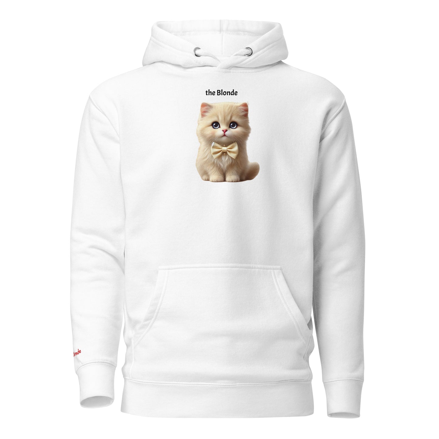 Flatlay of white relaxed fit unisex hoodie with a cute graphic of a blonde kitten wearing a bow-tie and the words 'the Blonde' linking to Blonde hair. Branded RedBlonde in red on inside neck and right cuff