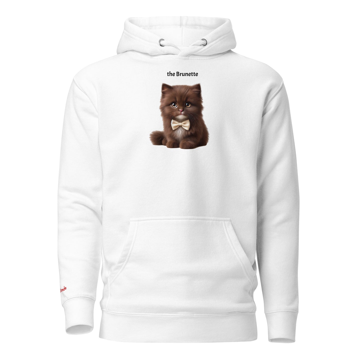 Flatlay of white relaxed fit unisex hoodie with a cute graphic of a brunette kitten wearing a bow-tie and the words 'the Brunette' linking to Brunette hair. Branded RedBlonde in red on inside neck and right cuff