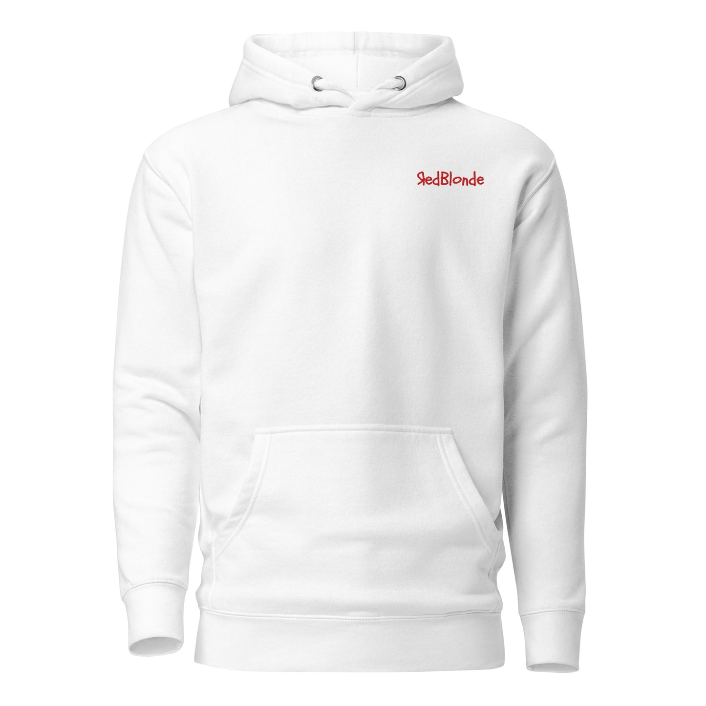A classic white unisex hoodie with the Branded RedBlonde in red on top right hand shoulder