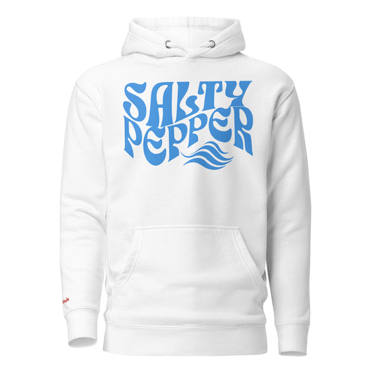 flatlay of a white unisex relaxed fit hoodie with the slogan 'Salty Pepper' in blue retro 70s wavy font. Branded RedBlonde in red on inside neck and right sleeve. Branded RedBlonde London in red on inside neck and right cuff