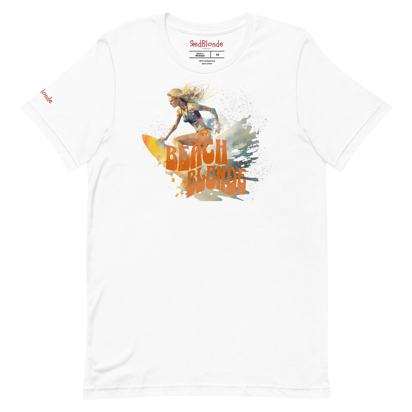 white unisex relaxed fit t-shirt featuring a graphic of a blonde woman surfing with waves splashing around her and the words "BEACH BLONDE" in bold orange Solino Display font. Branded RedBlonde London on the inside neck and right sleeve