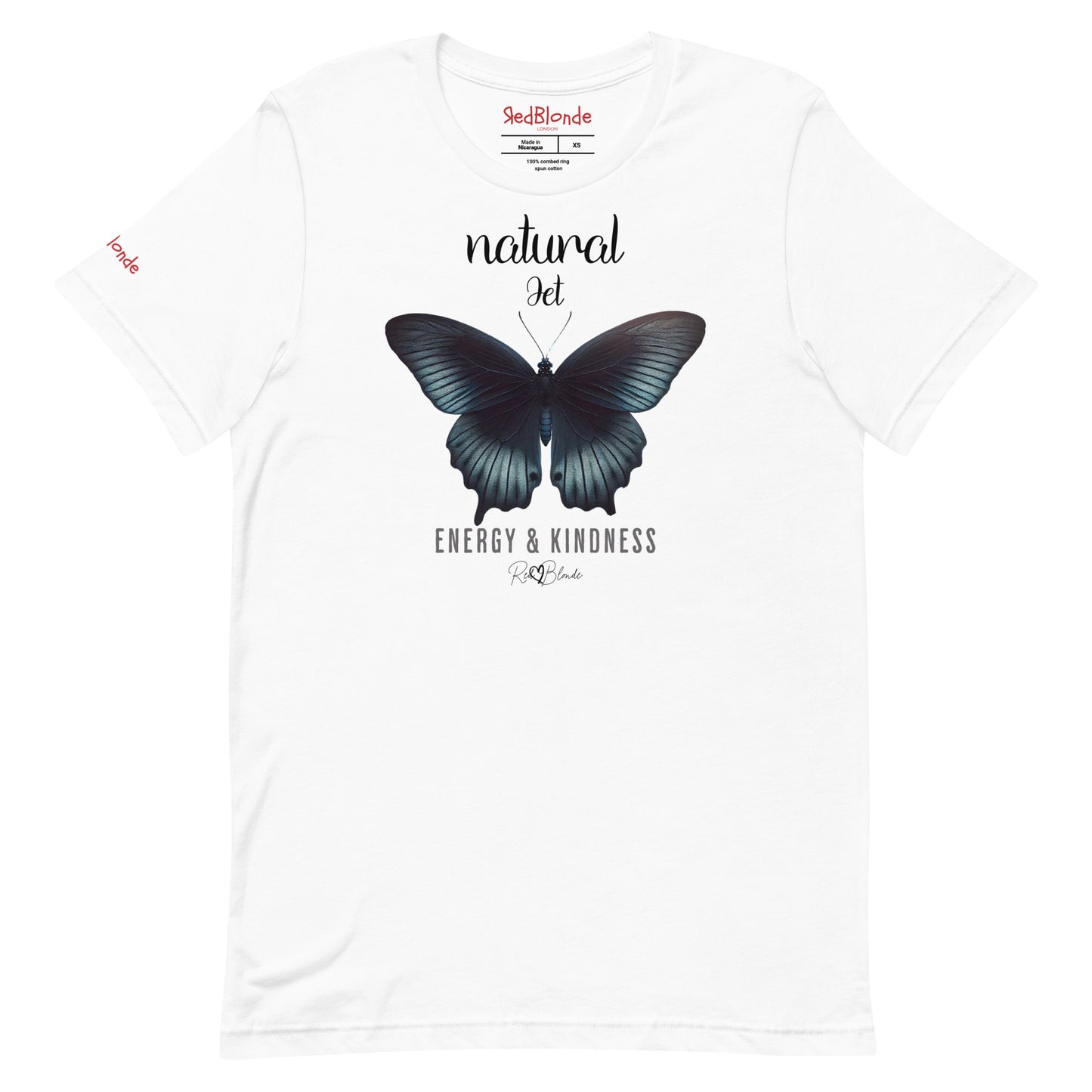 Flatlay of white unisex relaxed fit t-shirt with the words natural Jet in arionna font above a graphic of a black butterfly with 'ENERGY & KINDNESS' below in adventurer 06 font signed off by RedBlonde. Branded RedBlonde London on inside neck and right sleeve