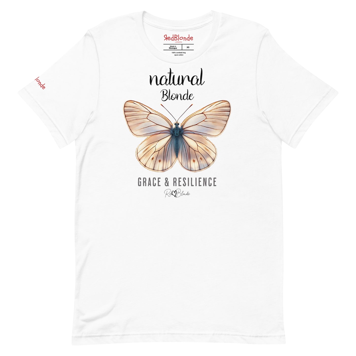 flatlay of a white unisex relaxed fit t-shirt with the words natural blonde in arionna font above a graphic of a blonde butterfly with 'GRACE & RESILIENCE' below in adventurer 06 font signed off by RedBlonde. Branded RedBlonde London in red on inside neck and right sleeve