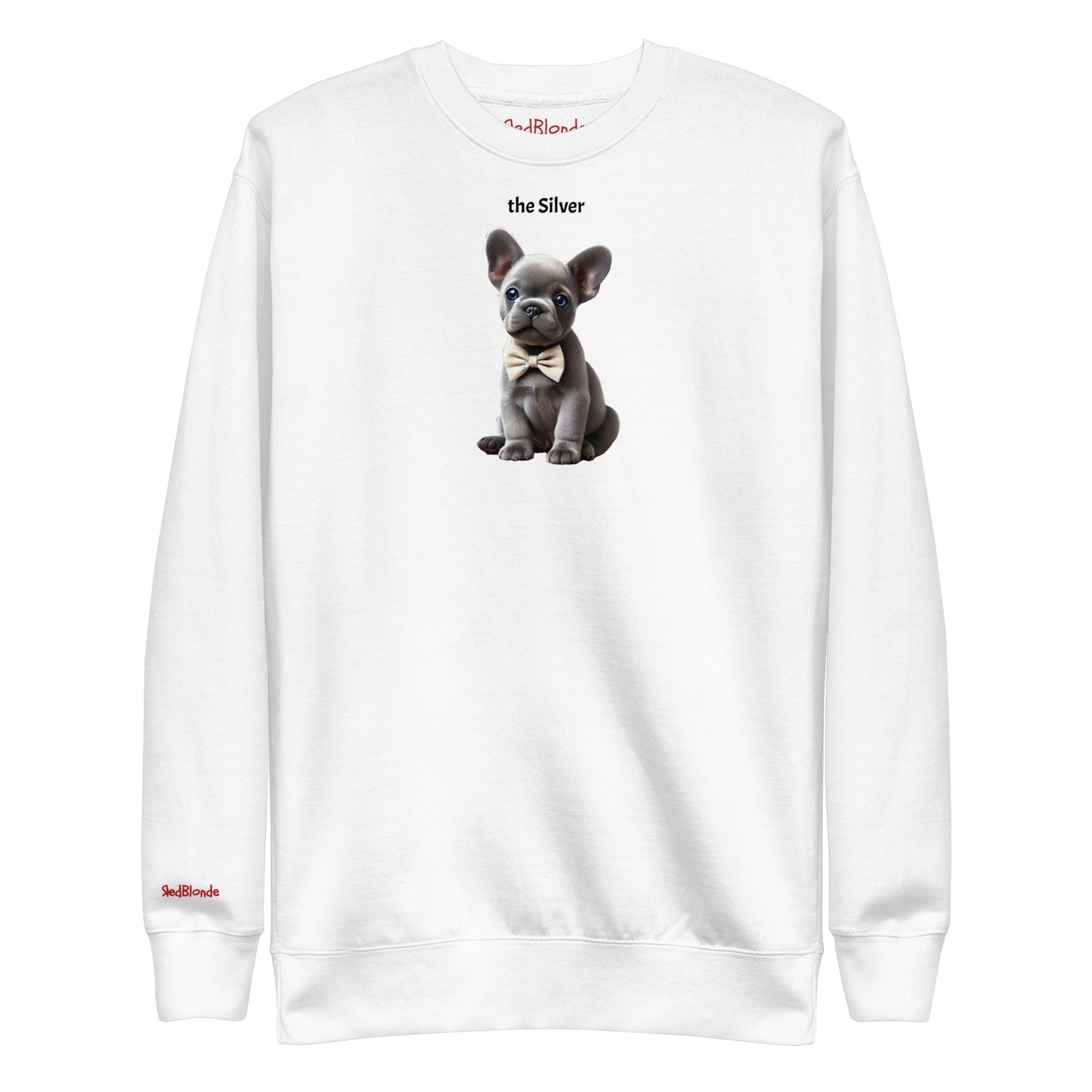 Flatlay of white relaxed fit unisex sweatshirt with a cute graphic of a Silver puppy wearing a bow-tie and the words 'the Silver' linking to silver hair. Branded RedBlonde in red on inside neck and right cuff
