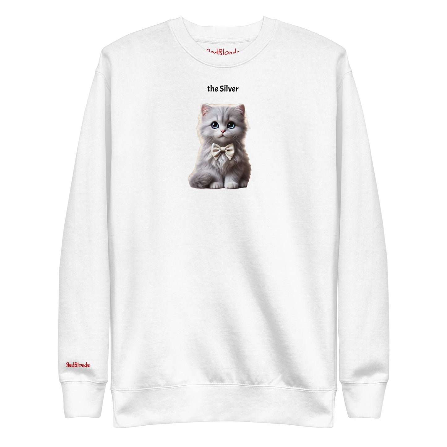 Flatlay of white relaxed fit unisex sweatshirt with a cute graphic of a silver kitten wearing a bow-tie and the words 'the Silver' linking to silver hair. Branded RedBlonde in red on inside neck and right cuff