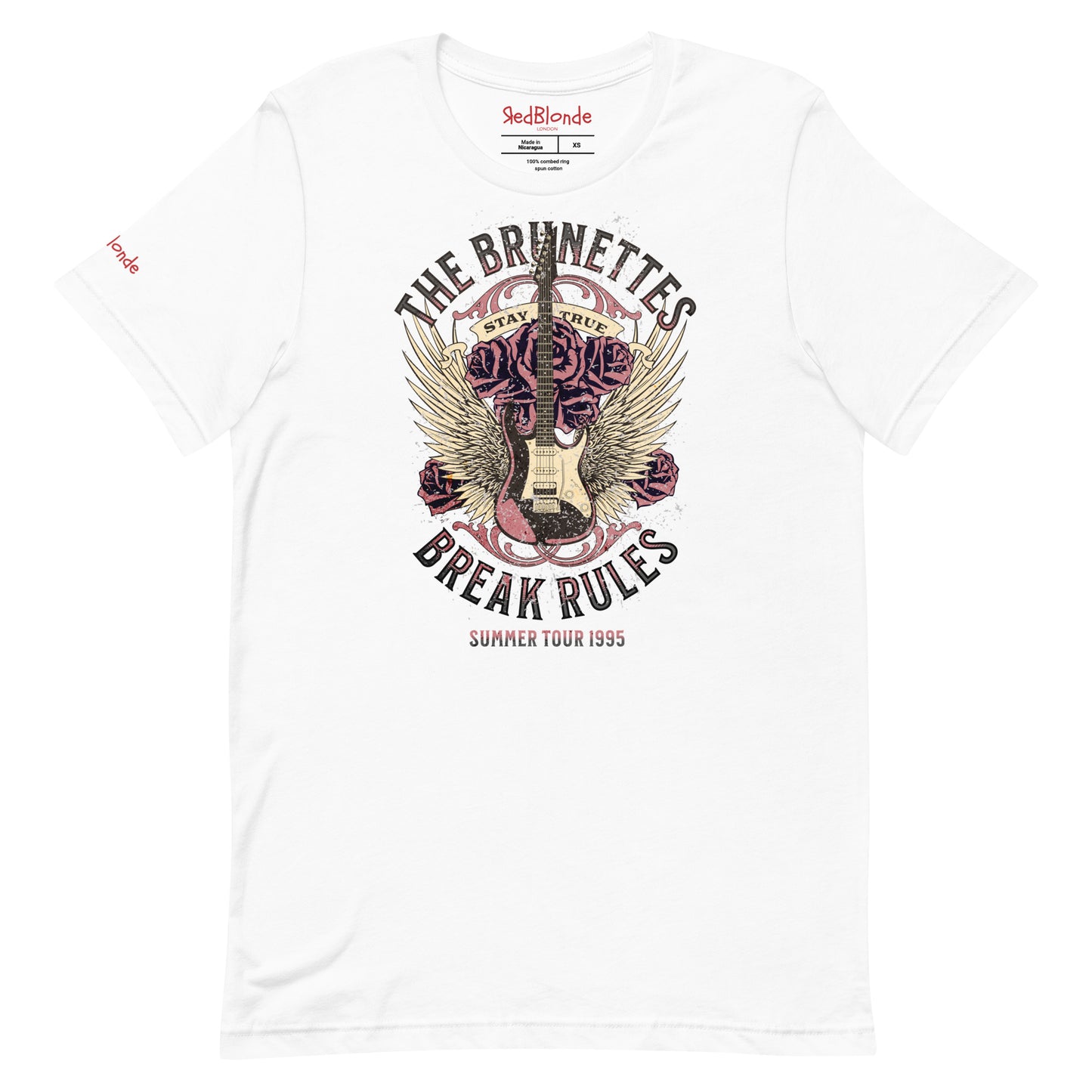 A white unisex t-shirt with a burnt pink & beige graphic of a guitar with bird wings emerging from the side. The graphic features ‘THE BRUNETTES’ in Brookfield font above the guitar, ‘STAY TRUE' across the top and 'BREAK THE RULES’ underneath. Branded RedBlonde London in inside neck and right sleeve.