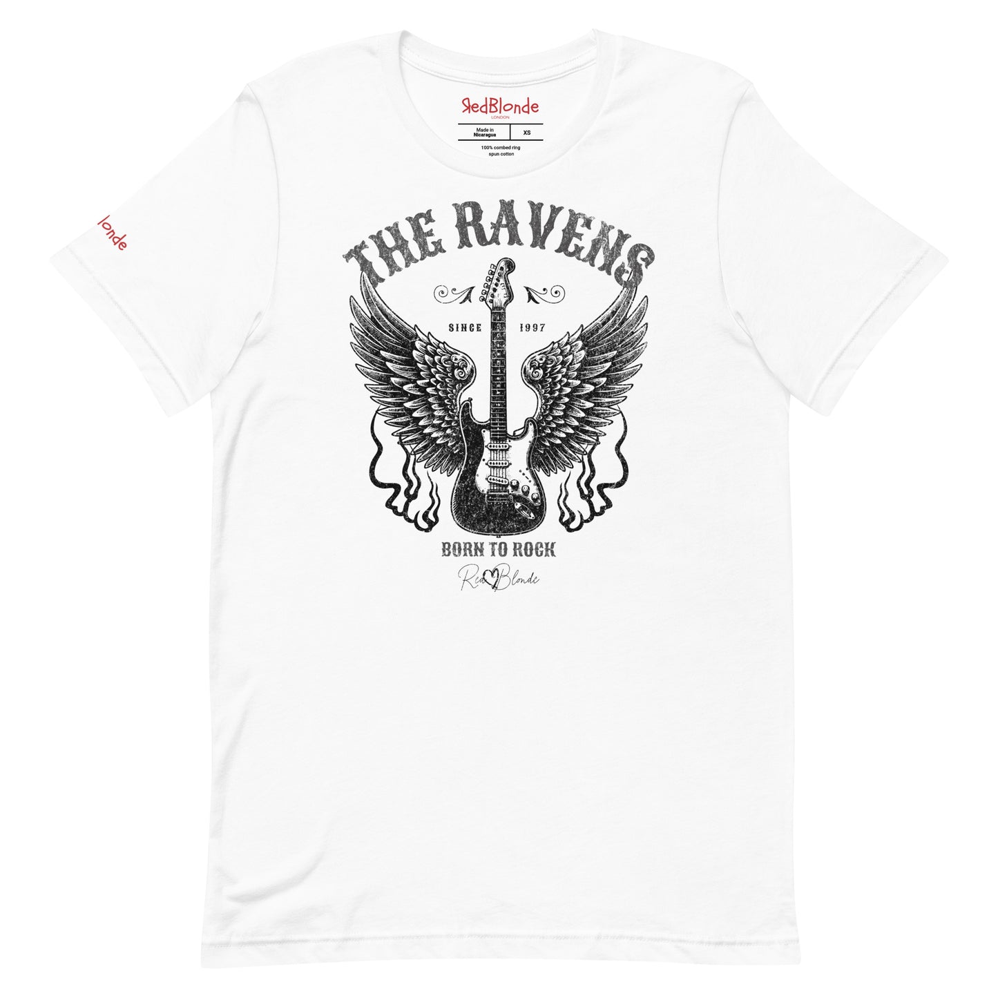A flatlay of a white unisex t-shirt with a graphic of a black & white guitar with raven bird wings emerging from the side. The graphic features ‘THE RAVENS’ in Sancreek font in a semicircle above the guitar, while ‘BORN TO ROCK’ is underneath. Branded RedBlonde London in inside neck and right sleeve