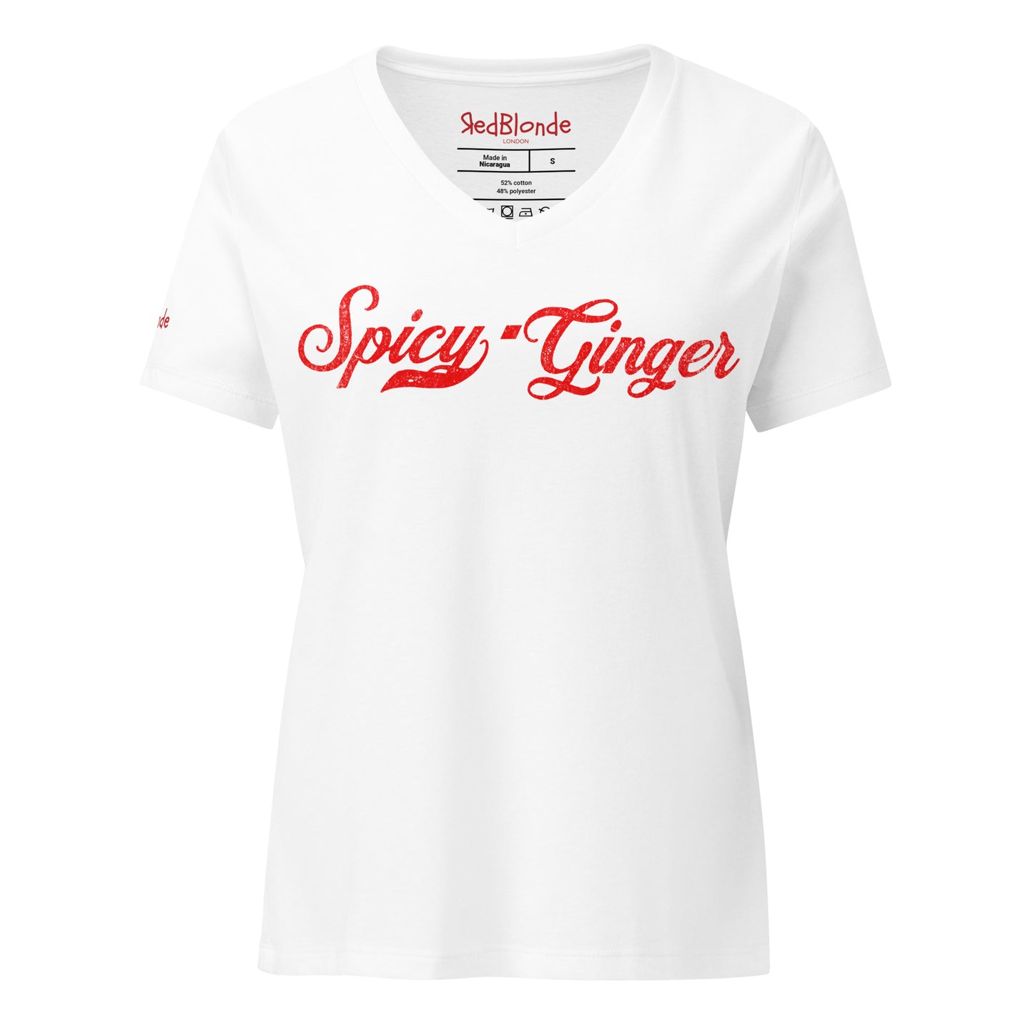 white v-neck relaxed fit t-shirt with the playful slogan ‘Spicy Ginger’ in red milk-store font, signed off RedBlonde. Branded RedBlonde London in red on inside neck and right cuff