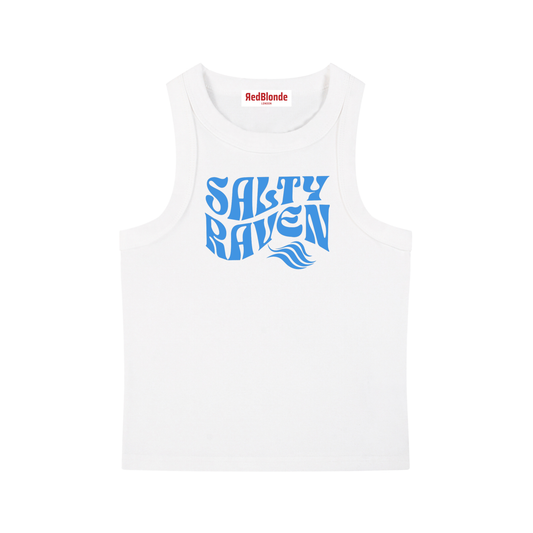White sleeveless crop tank top with a high neckline, featuring a blue Solino Display retro-style “Salty Raven” font graphic across the chest and a RedBlonde London neck label