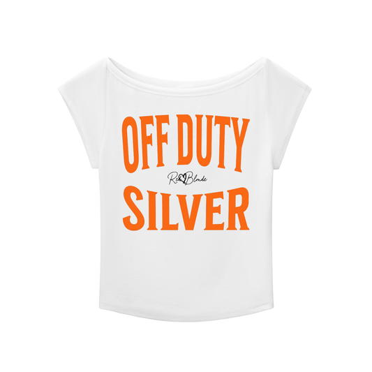 White raglan short-sleeve top with bold orange Brookfield lettering reading “OFF DUTY SILVER” with a small cursive RedBlonde logo between the words
