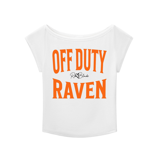 White raglan short-sleeve top with bold orange Brookfield lettering reading “OFF DUTY RAVEN” with a small cursive RedBlonde logo between the words