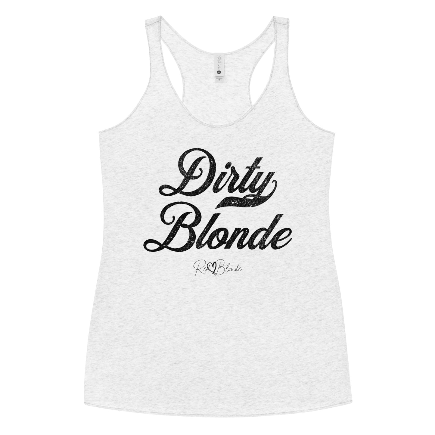 white women's racerback tank with the playful slogan ‘Dirty Blonde’ in black milk-store font, signed off RedBlonde. Branded RedBlonde London in red on the reverse