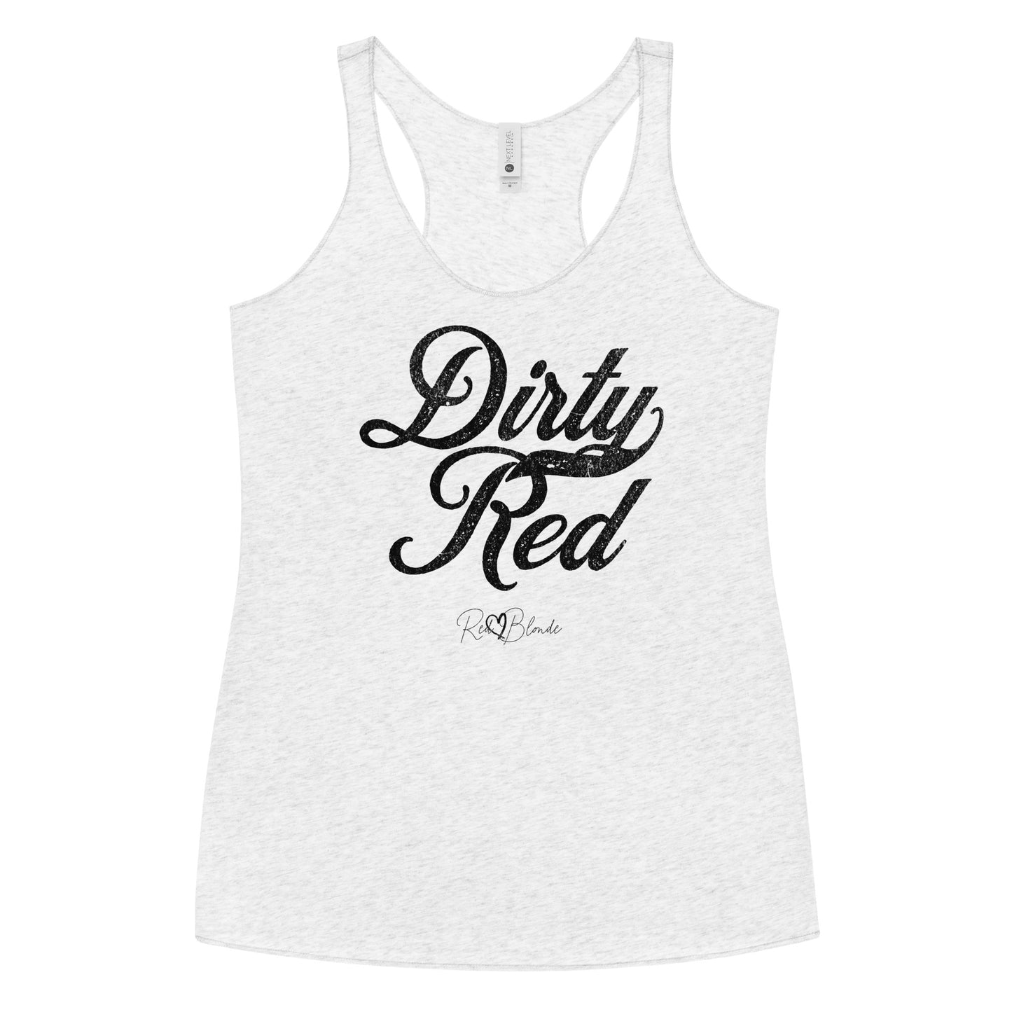 white women's racerback tank with the playful slogan ‘Dirty Red’ in black milk-store font, signed off RedBlonde. Branded RedBlonde London in red on the reverse