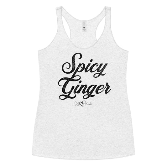 white women's racerback tank with the playful slogan ‘Spicy Ginger’ in black milk-store font, signed off RedBlonde. Branded RedBlonde London in red on the reverse