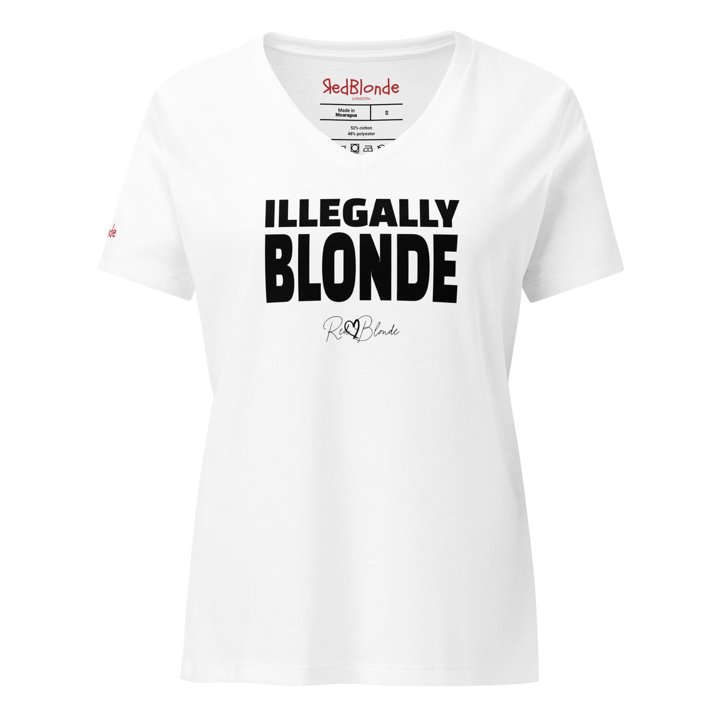 A white women’s relaxed V-neck T-shirt featuring black text across the chest that reads “ILLEGALLY BLONDE" in black hans sans font. Beneath the main text is the RedBlonde signature logo in a smaller, cursive style. The shirt has short sleeves, a soft V-neckline, and a casual, comfortable fit. Branded RedBlonde on the inside neck and right sleeve