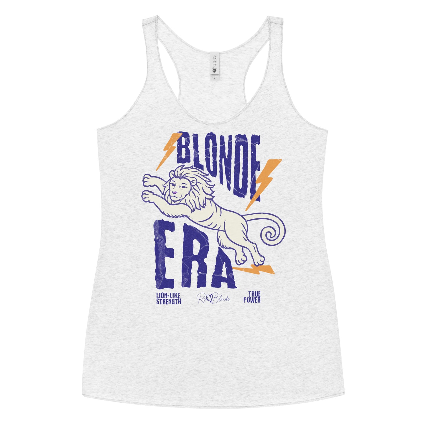 white women’s vintage-style racerback tank in features a large, stylized illustration of a lion leaping forward in pale purple and white with a flowing mane. Bold, distressed text above and below reads “BLONDE ERA” in uppercase purple letters, with two orange lightning bolts flanking the text. Beneath the lion in small purple letters are the phrases “Lion-like strength” and “True power.” RedBlonde with a heart small signature-like logo appears below the text.