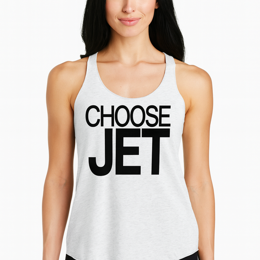 woman with jet black hair wears a black racerback tank top with “Choose Jet” in white Helvetica Now font emblazoned on the front. Branded RedBlonde on back