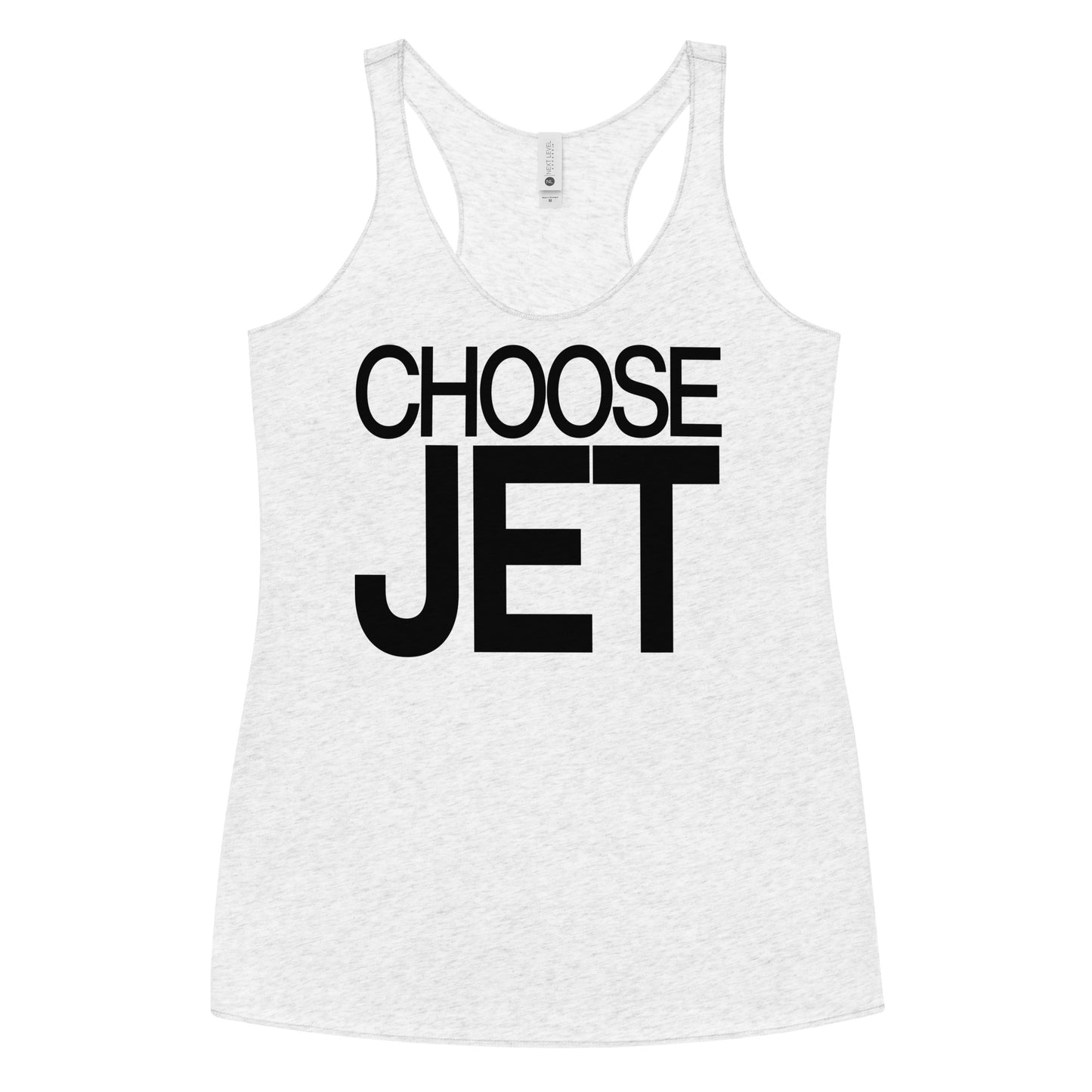 Flatlay of a white racerback tank top with “Choose Jet” in white Helvetica Now font emblazoned on the front. Branded RedBlonde on back