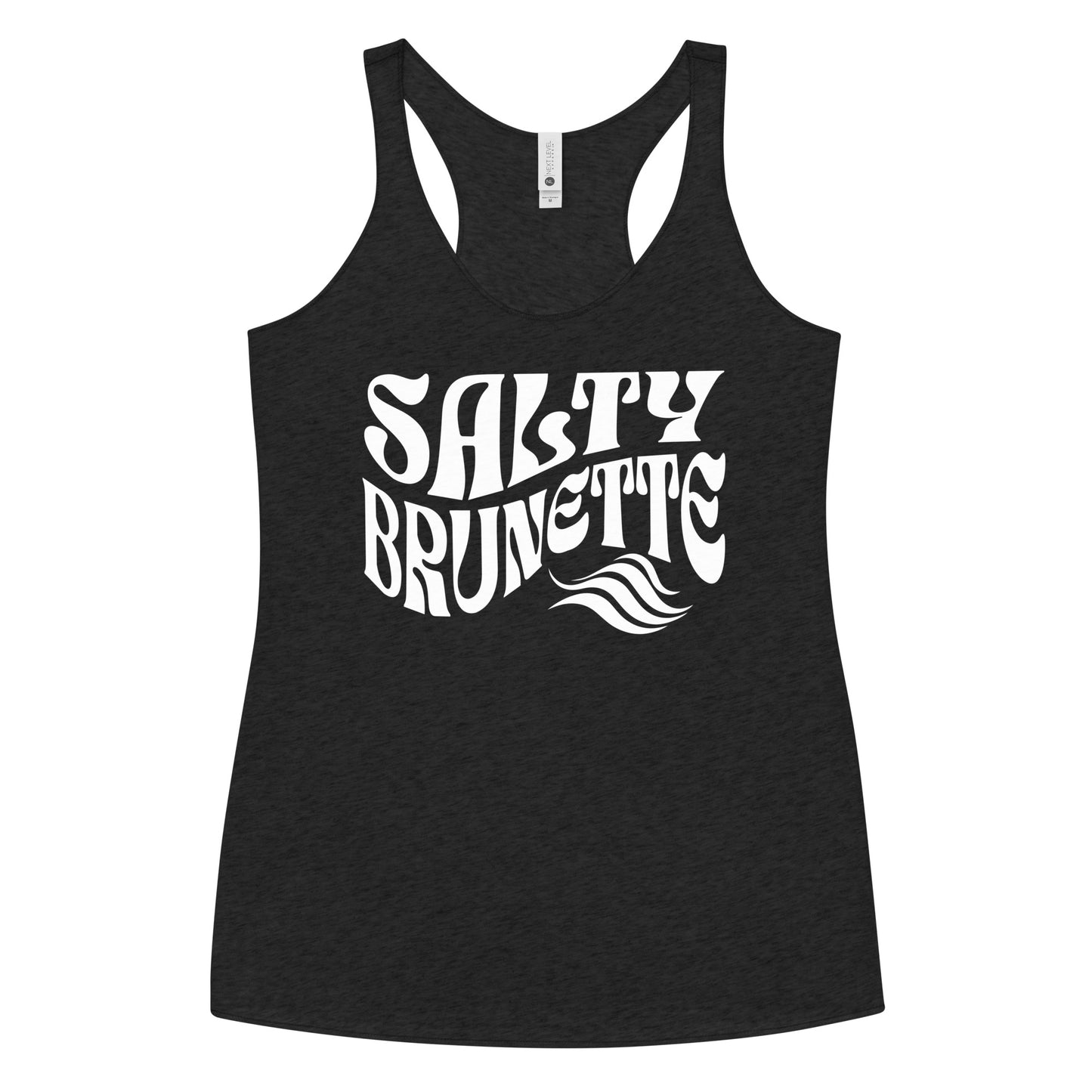 Flatlay of a heather black soft racerback tank t-shirt with 'Salty Brunette' play on words slogan in white retro 70s font. Branded RedBlonde London on reverse