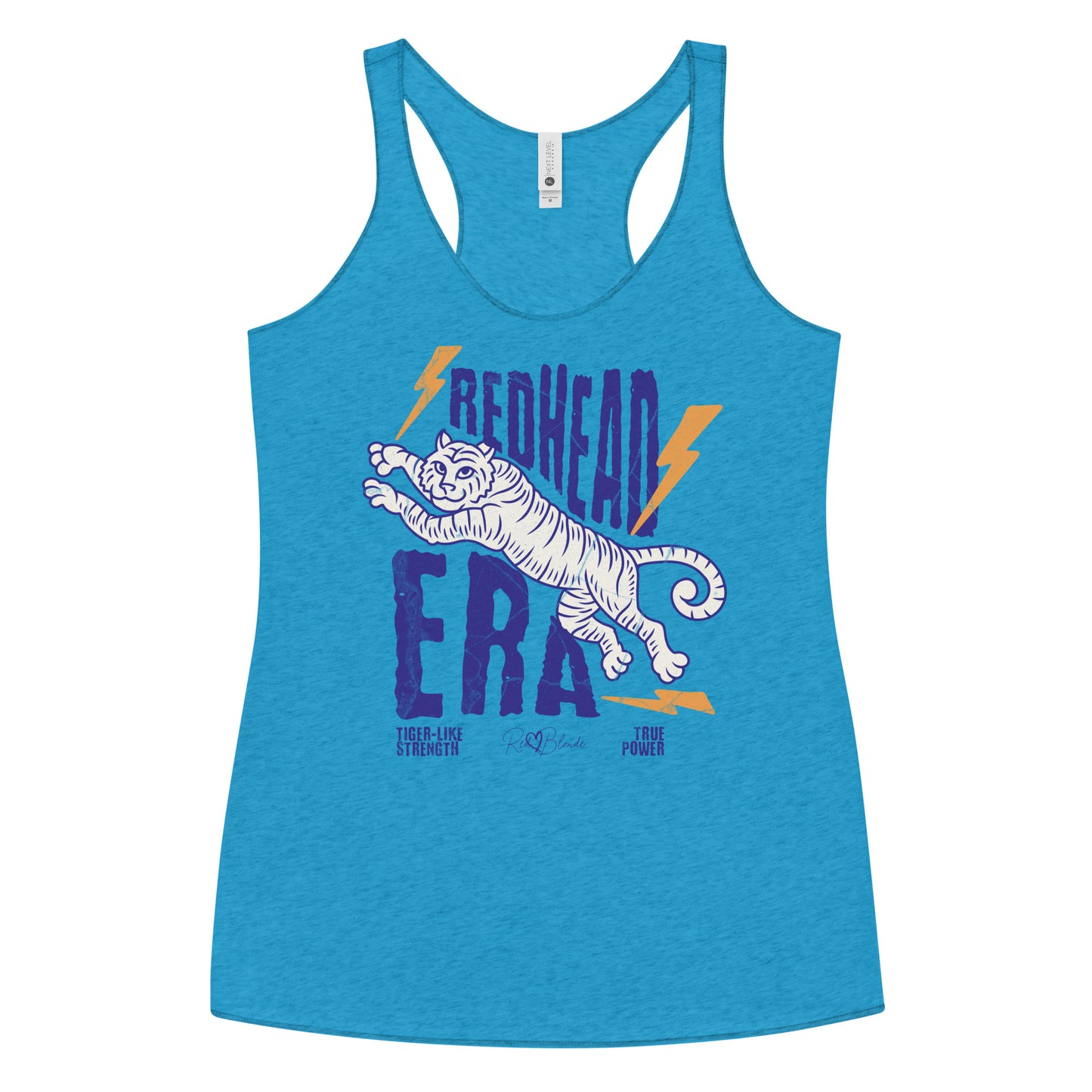 vintage turquoise vintage-style racerback tank features a large, stylized illustration of a tiger leaping forward in pale purple and white. Bold, distressed text above and below reads “REDHEAD ERA” in uppercase purple letters, with two orange lightning bolts flanking the text. Beneath the lion in small purple letters are the phrases “Tiger-like strength” and “True power.” RedBlonde with a heart small signature-like logo appears below the text.
