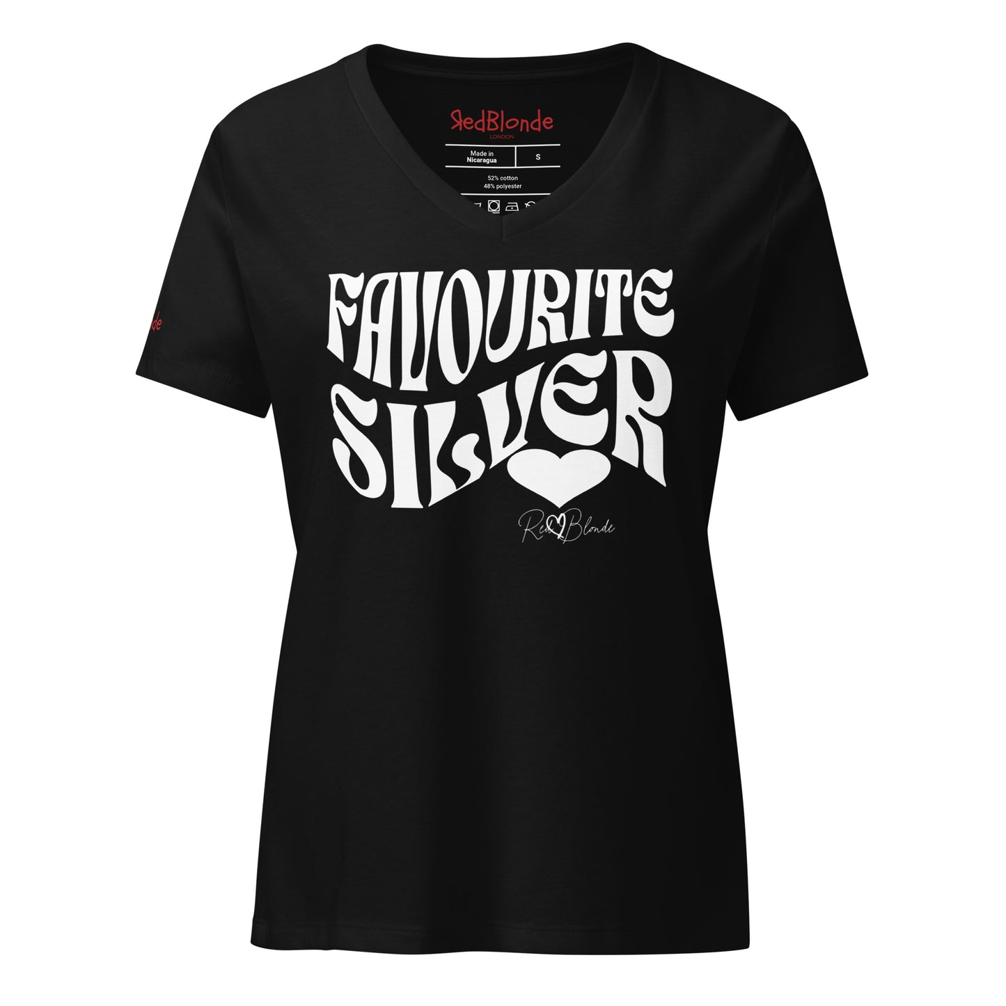 black women's loose fit v-neck graphic t-shirt with the slogan 'Favourite Silver' in Solino Display white retro 70s wavy font. Signed with a heart and RedBlonde. Branded RedBlonde in red on inside neck and right sleeve