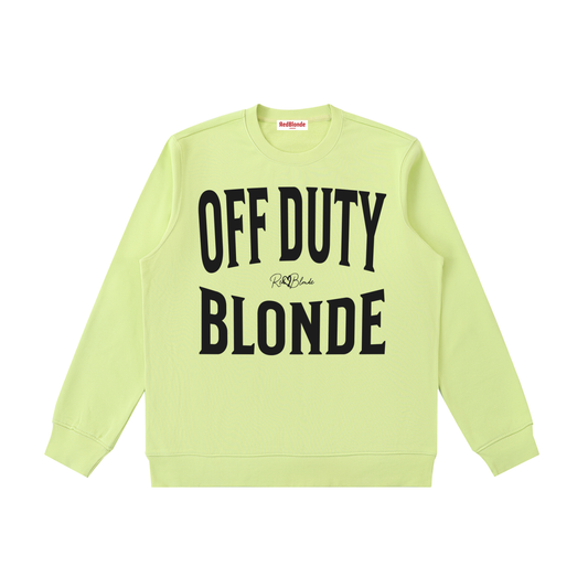 yellow crewneck sweatshirt with a large black “OFF DUTY BLONDE” graphic across the chest and a small RedBlonde script logo centered between the words.