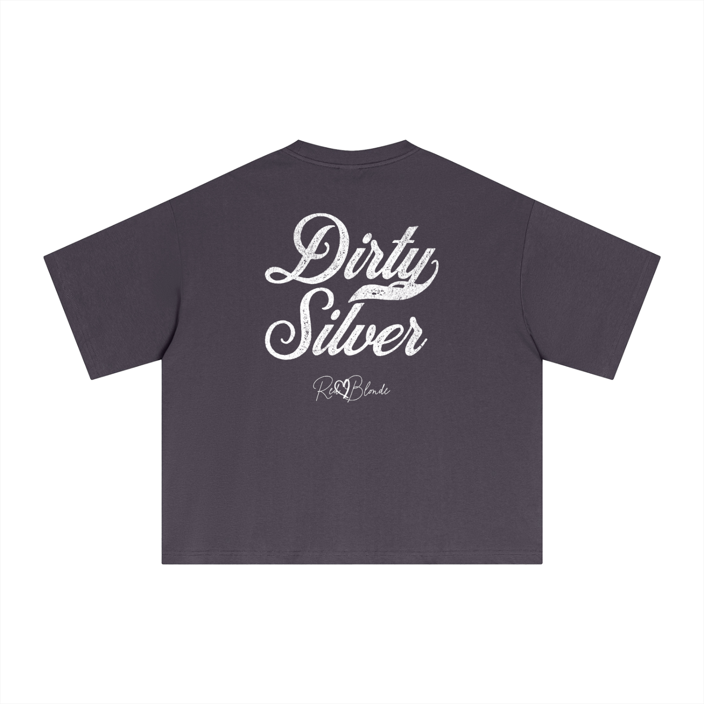 Back view of a plum boxy oversized unisex T-shirt with bold white Milkstore 01 vintage-style script reading “Dirty Silver” and the RedBlonde signature logo beneath