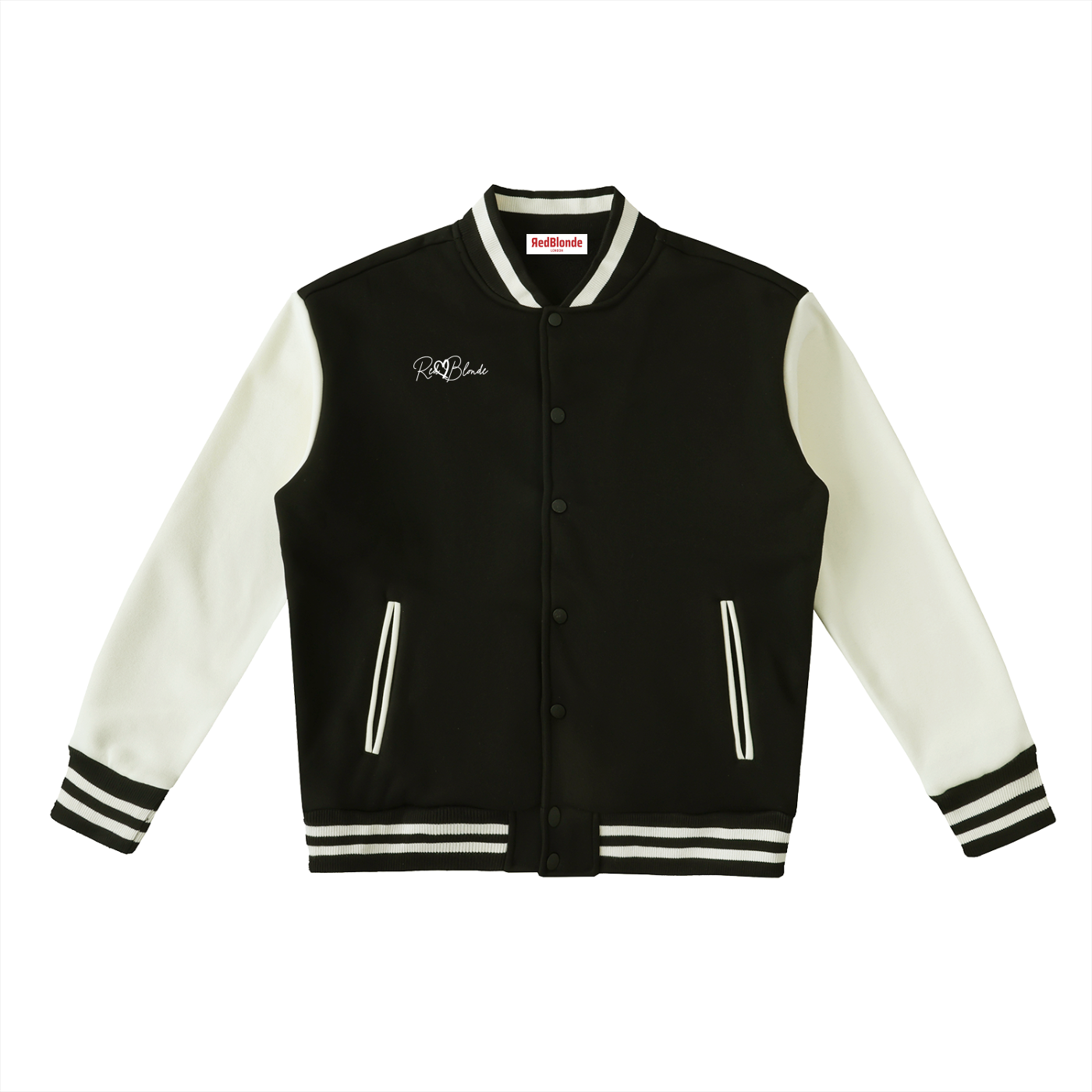 Black and white varsity jacket with brand logo on a white background