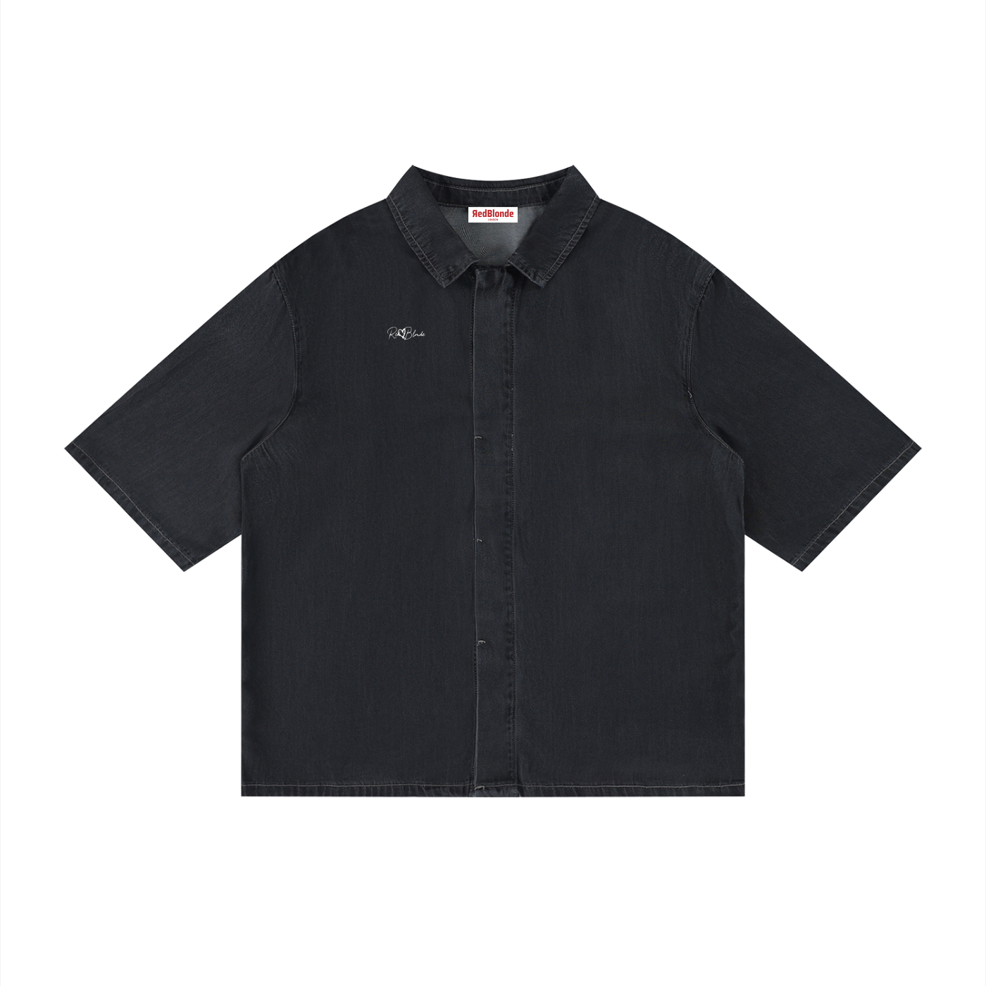 Black short-sleeve shirt with collar on a white background