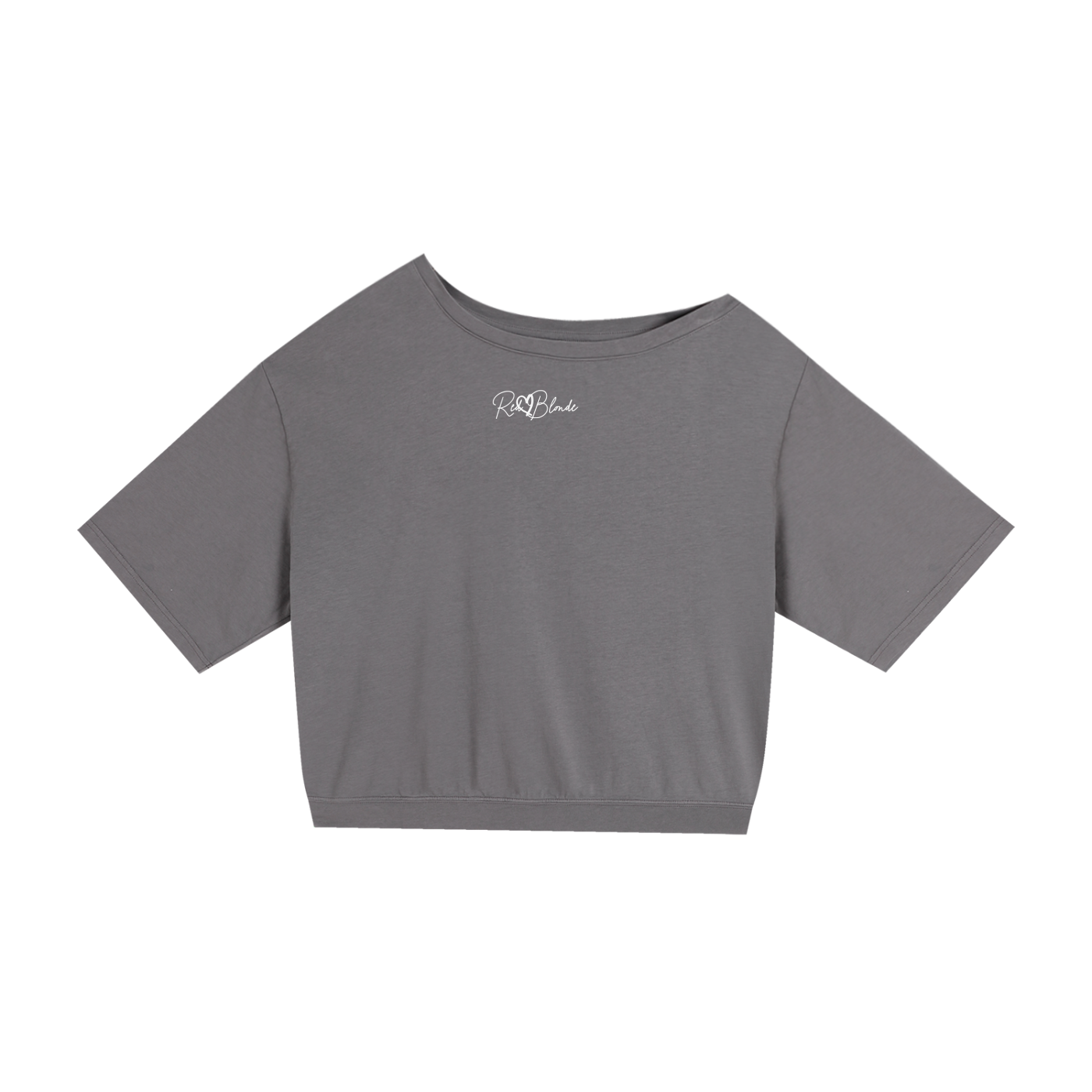 Gray crop top with a Redblonde signature brand logo on a white background