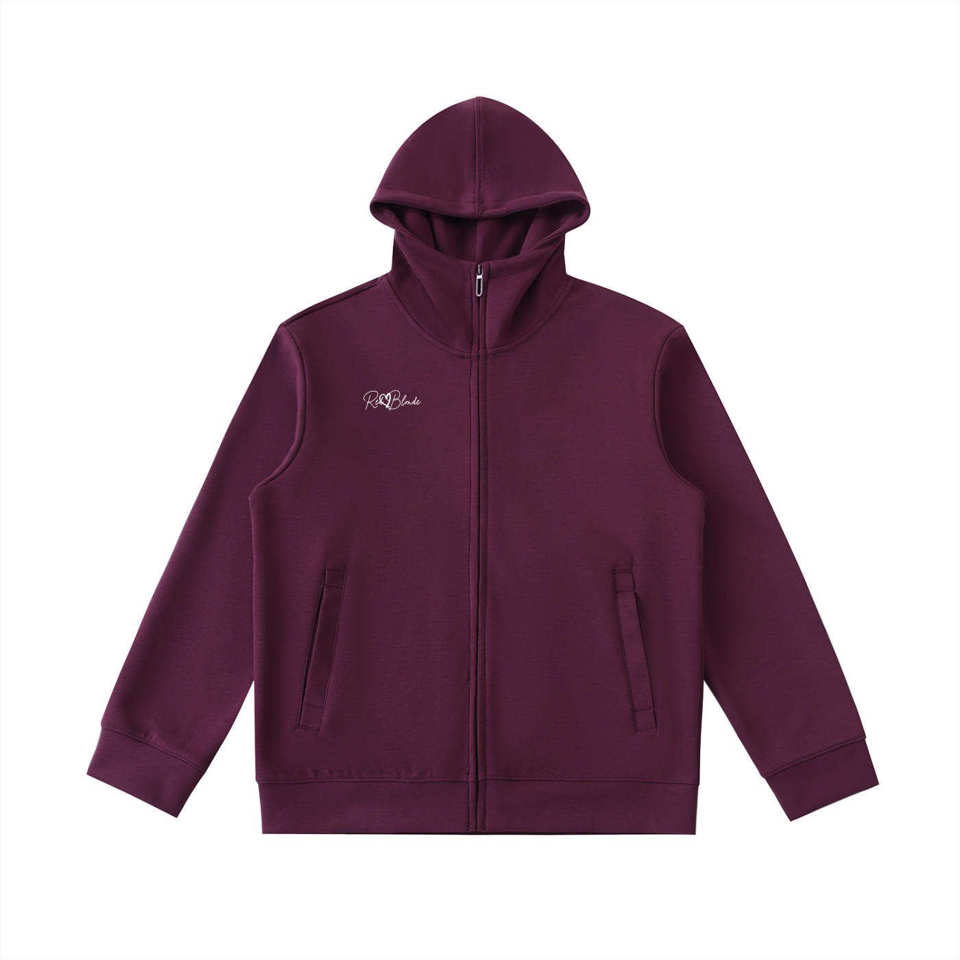 Maroon hoodie with a brand logo on a white background
