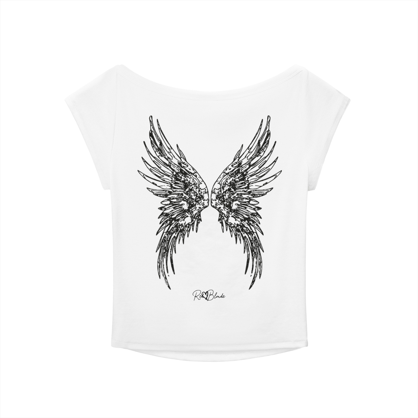 White crop top with black wing design on a white background