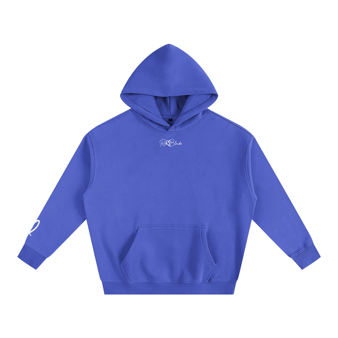 Blue hoodie with a brand logo on a white background