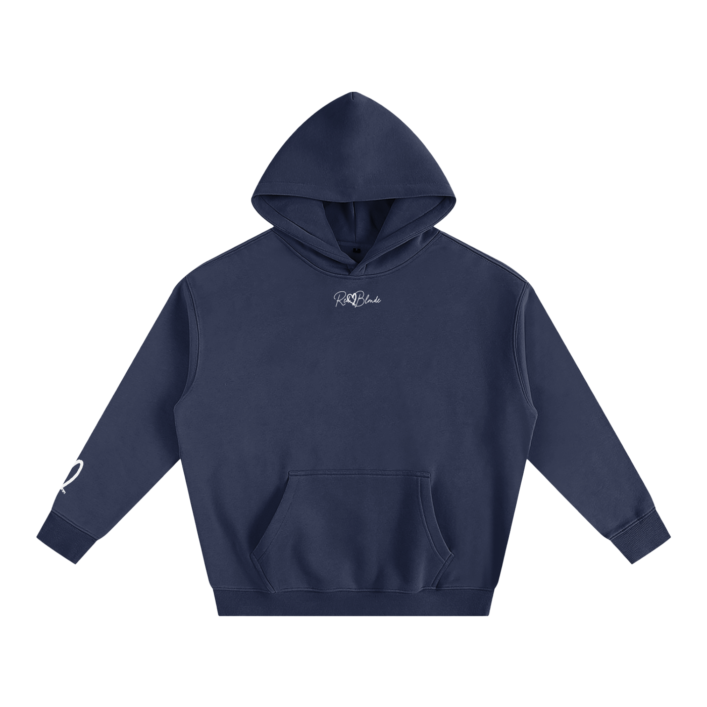 Navy blue hoodie with a brand logo on a white background