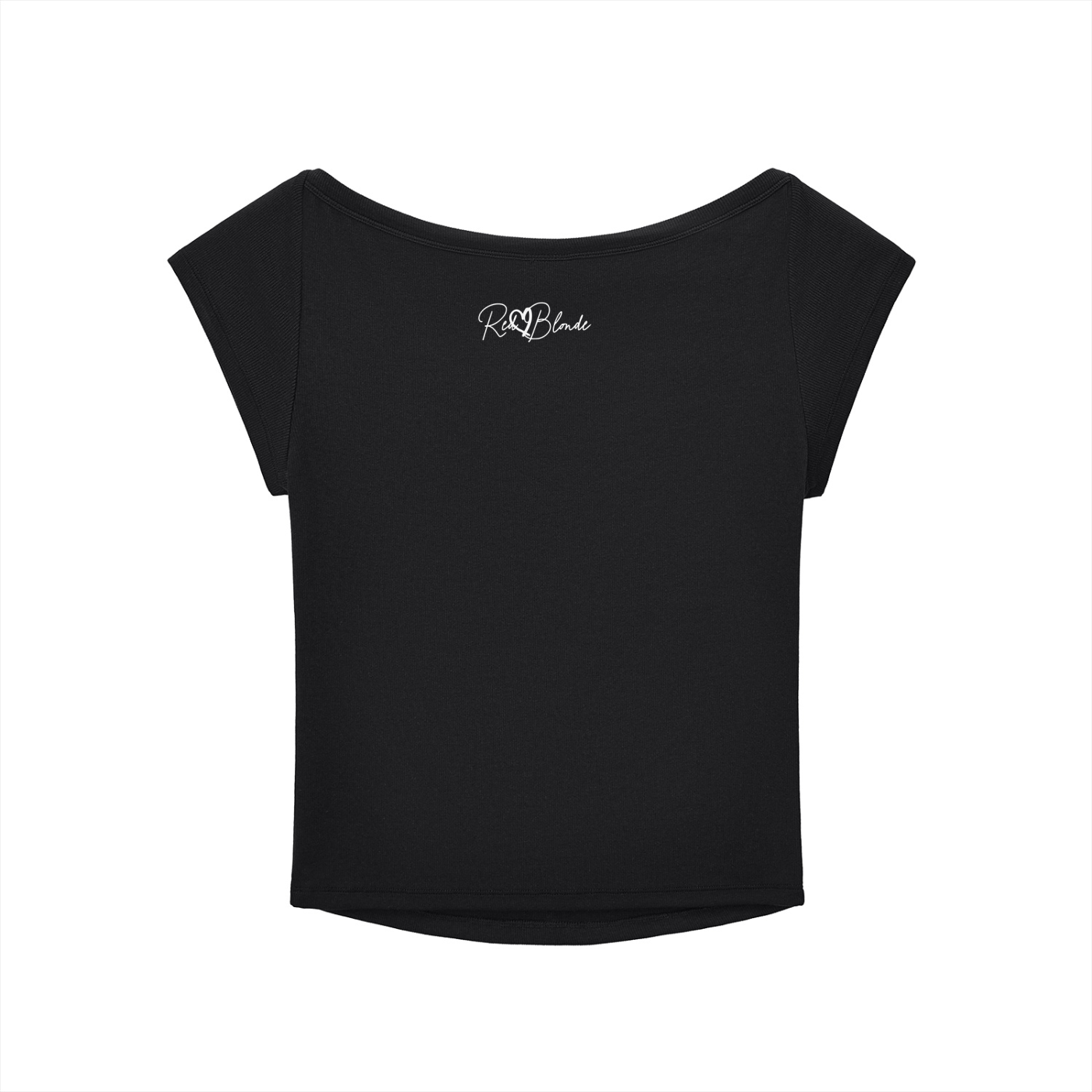 Black crop top with a brand logo on the back against a white background