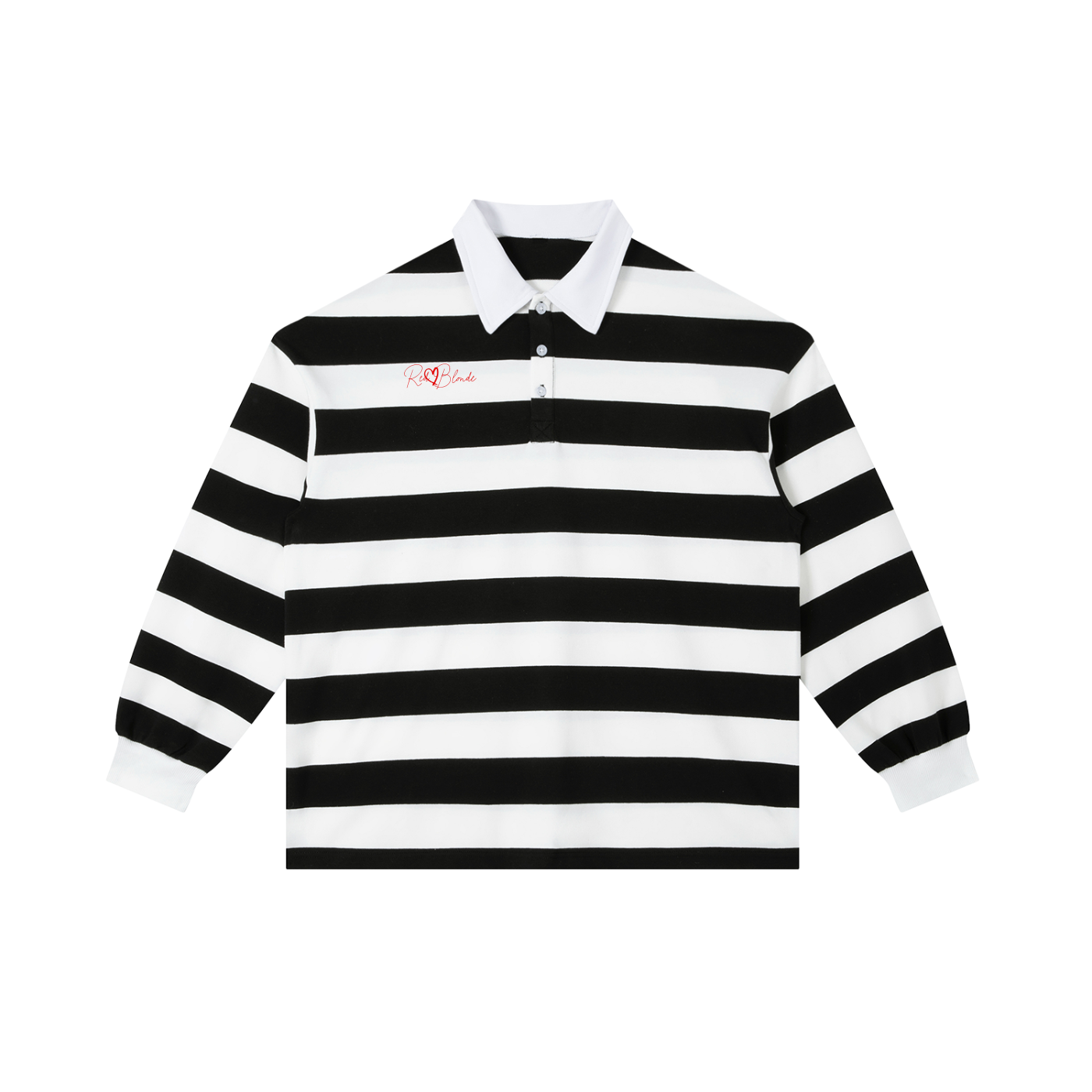 Black and white striped long-sleeve polo shirt on a white background