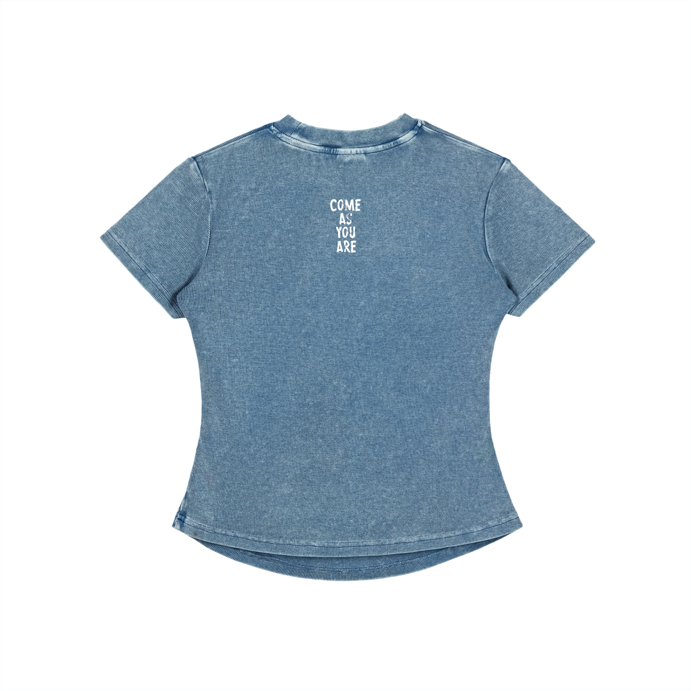Blue t-shirt with 'COME AS YOU ARE' text on a white background