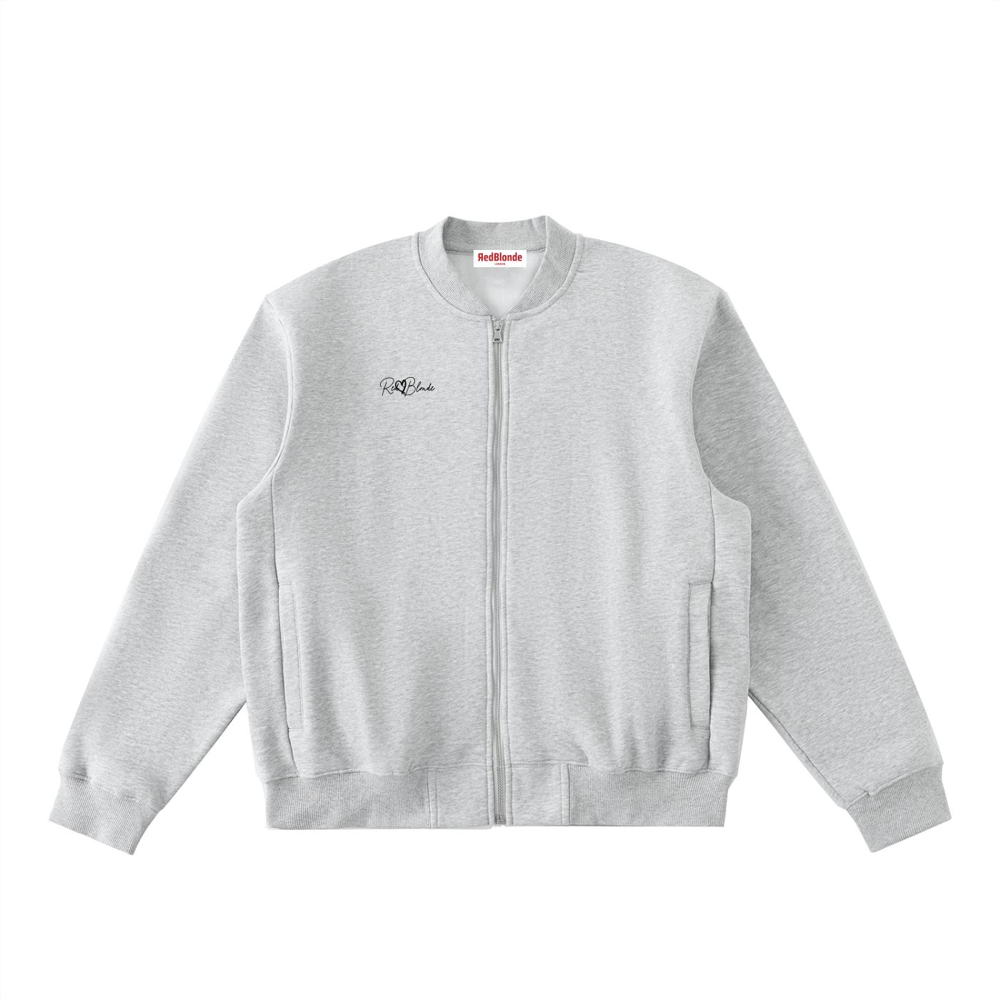 Gray bomber jacket with a brand logo on a white background