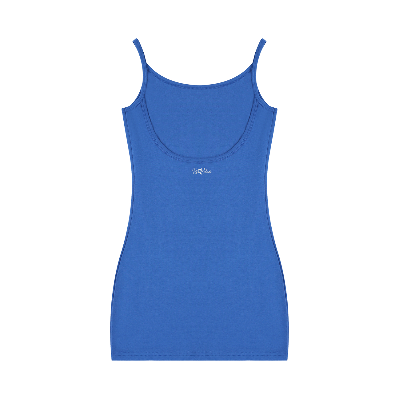 Blue tank top with a redblonde brand logo on a white background