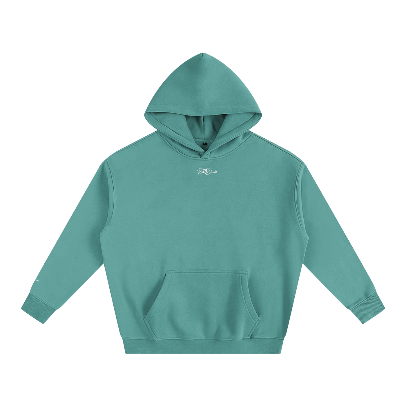Teal hoodie with a brand logo on a white background