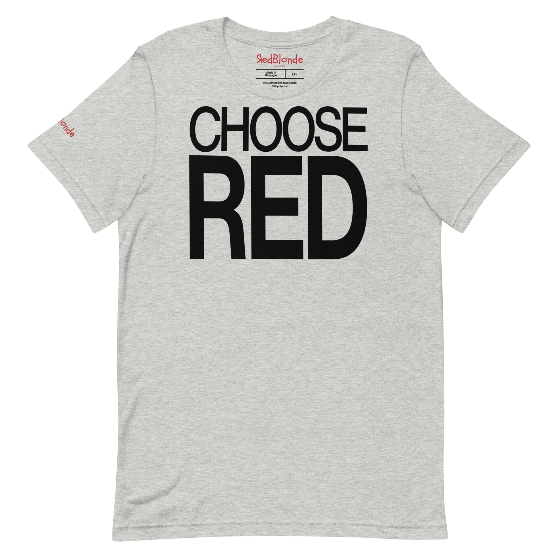 Flatlay of an 80s inspired heather grey relaxed fit unisex t-shirt with the slogan ‘Choose Red’ in black. Branded redblonde london in red on in the inside neck and right sleeve 