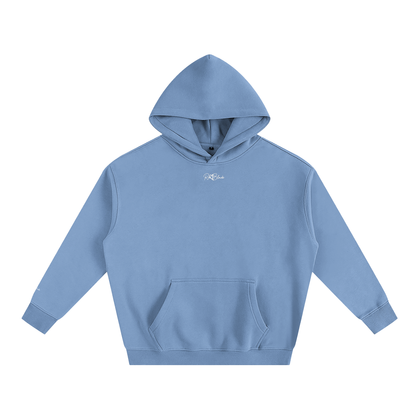 Blue hoodie with 'feeling nonverbal' text on a white background