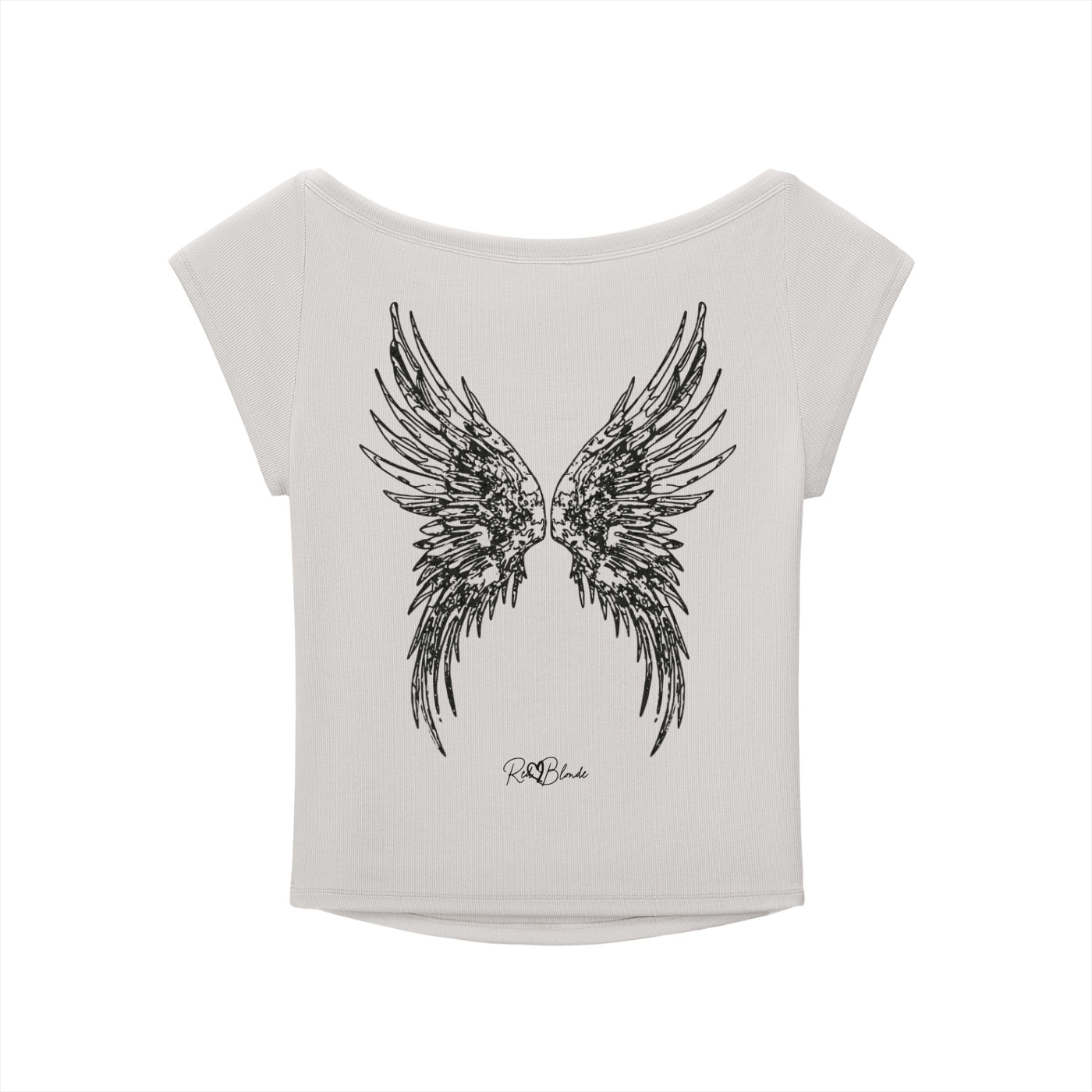 White crop top with black wings graphic design on a white background