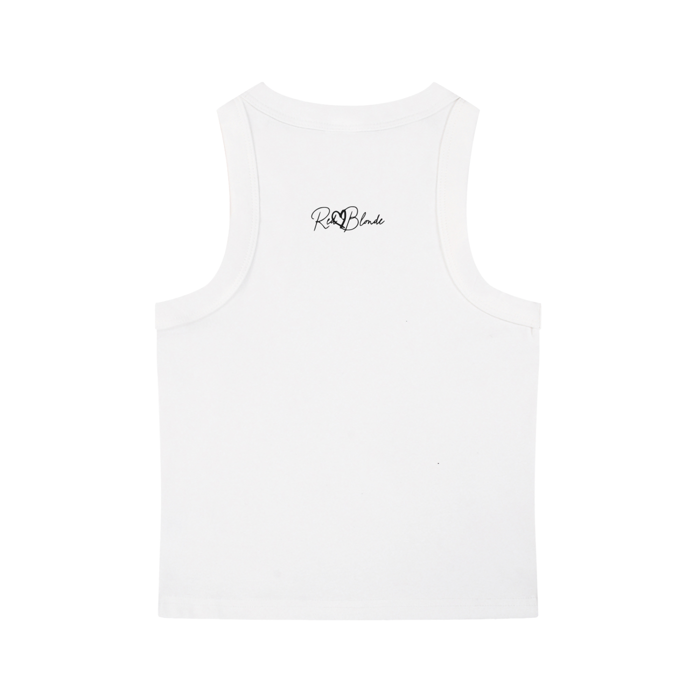White tank top with a logo on the chest against a white background