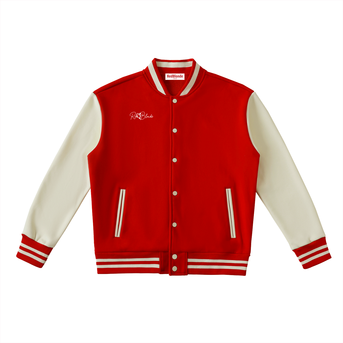 Red and white varsity jacket with a brand logo on a white background